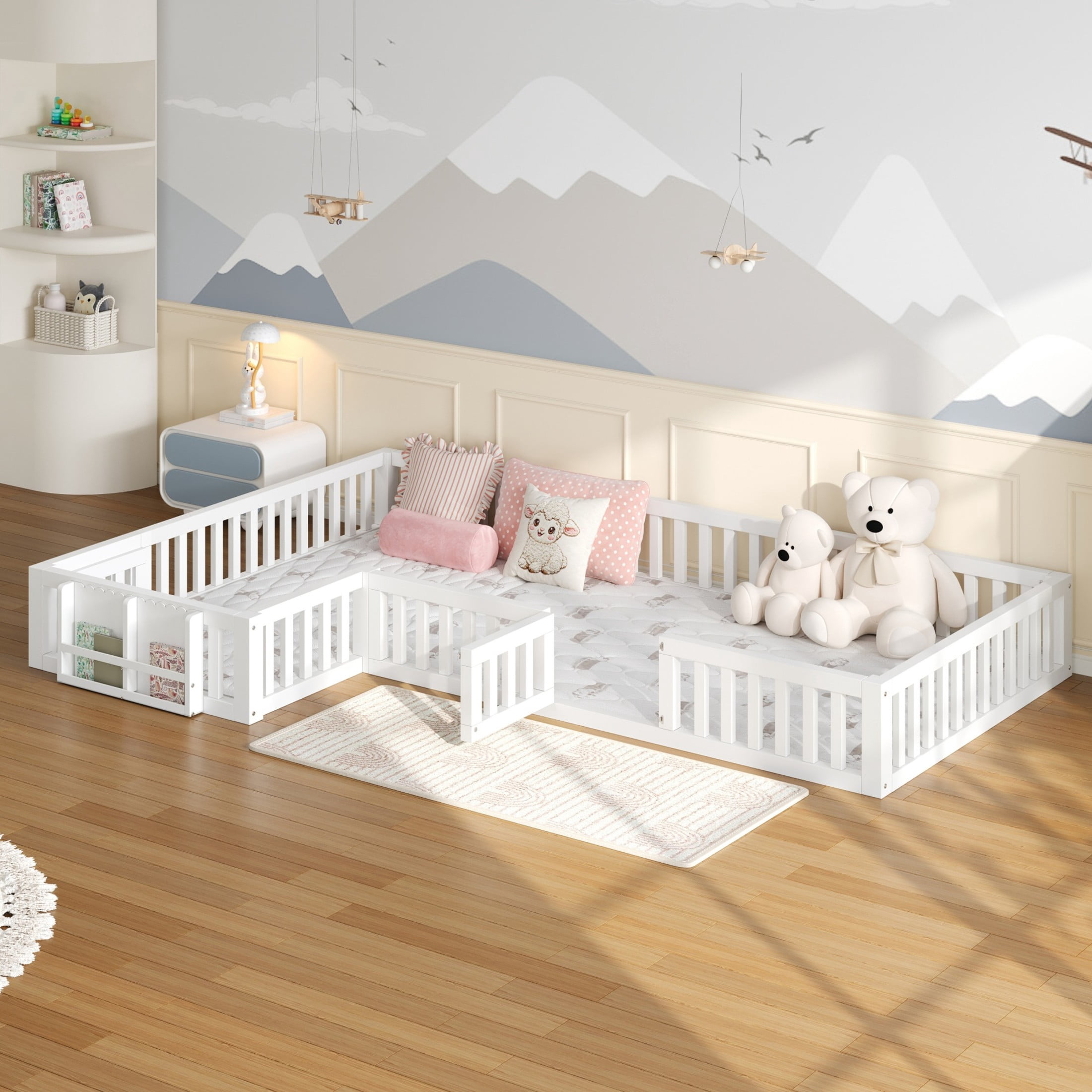 Noble House Lorven Twin & Full L-Shaped Floor Bed with Built-in Bookcase & Lockable Safety Gate, White