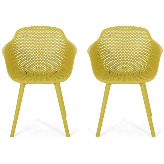 Noble House Lotus Plastic Patio Dining Arm Chair in Yellow (Set of 2)