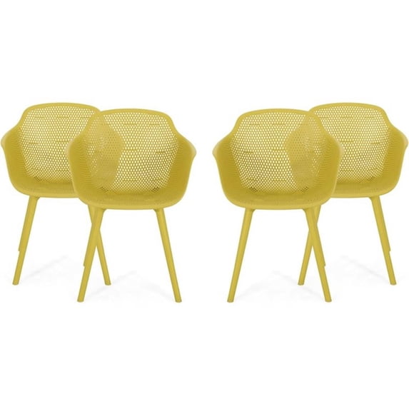 Noble House Lotus Plastic Patio Dining Arm Chair in Yellow (Set of 4)
