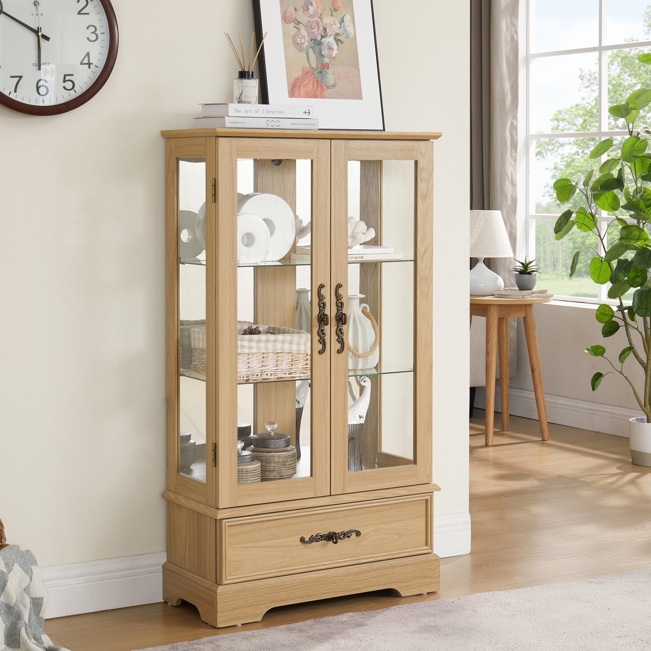 Noble House Louisa Lighted Curio Cabinet, Glass Display Case with Drawer, Mirrored Back & Adjustable Shelves, Light Oak