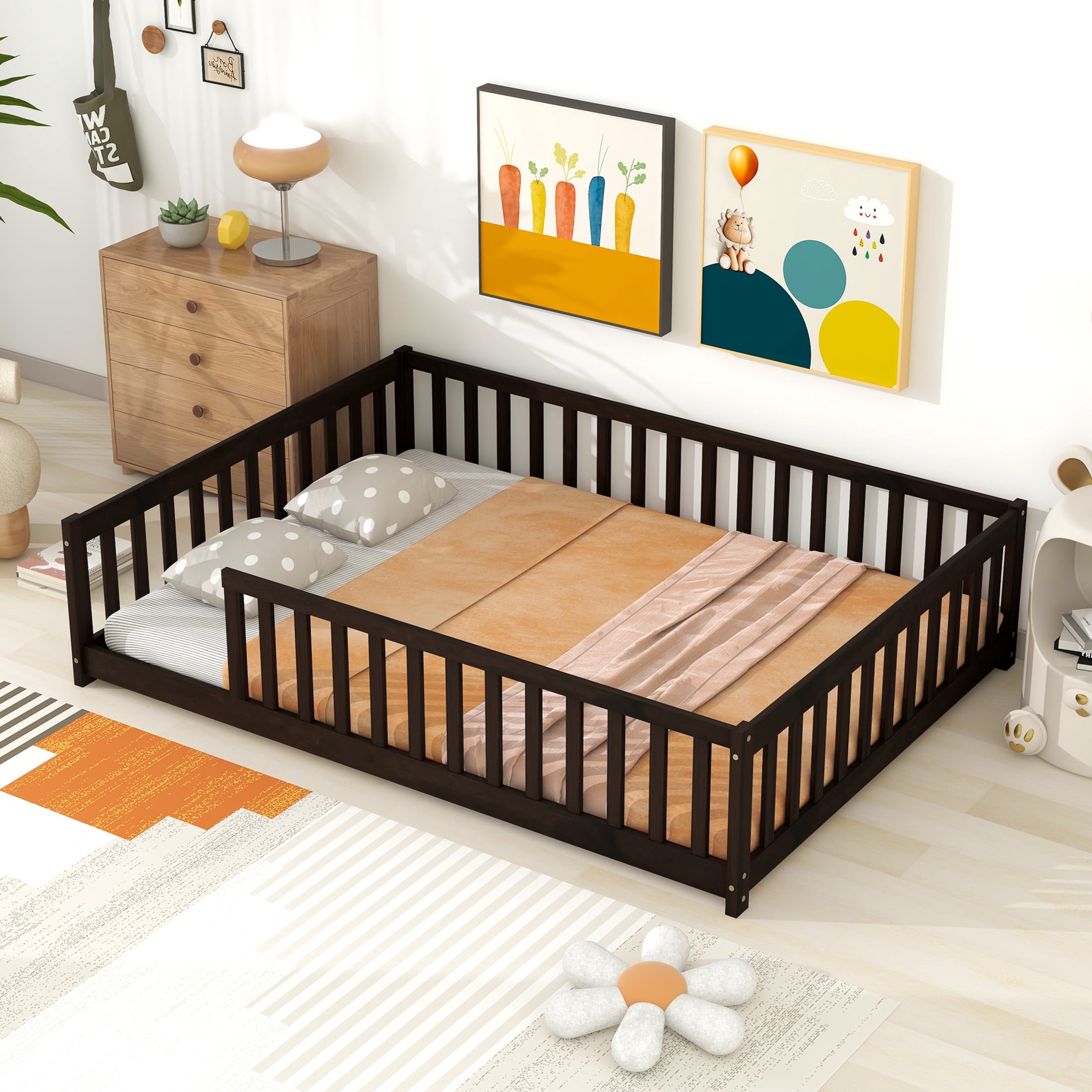 Noble House Lucas Full Size Floor Bed with Safety Guardrails & Open Access, Rubber Wooden Bed Frame, Espresso