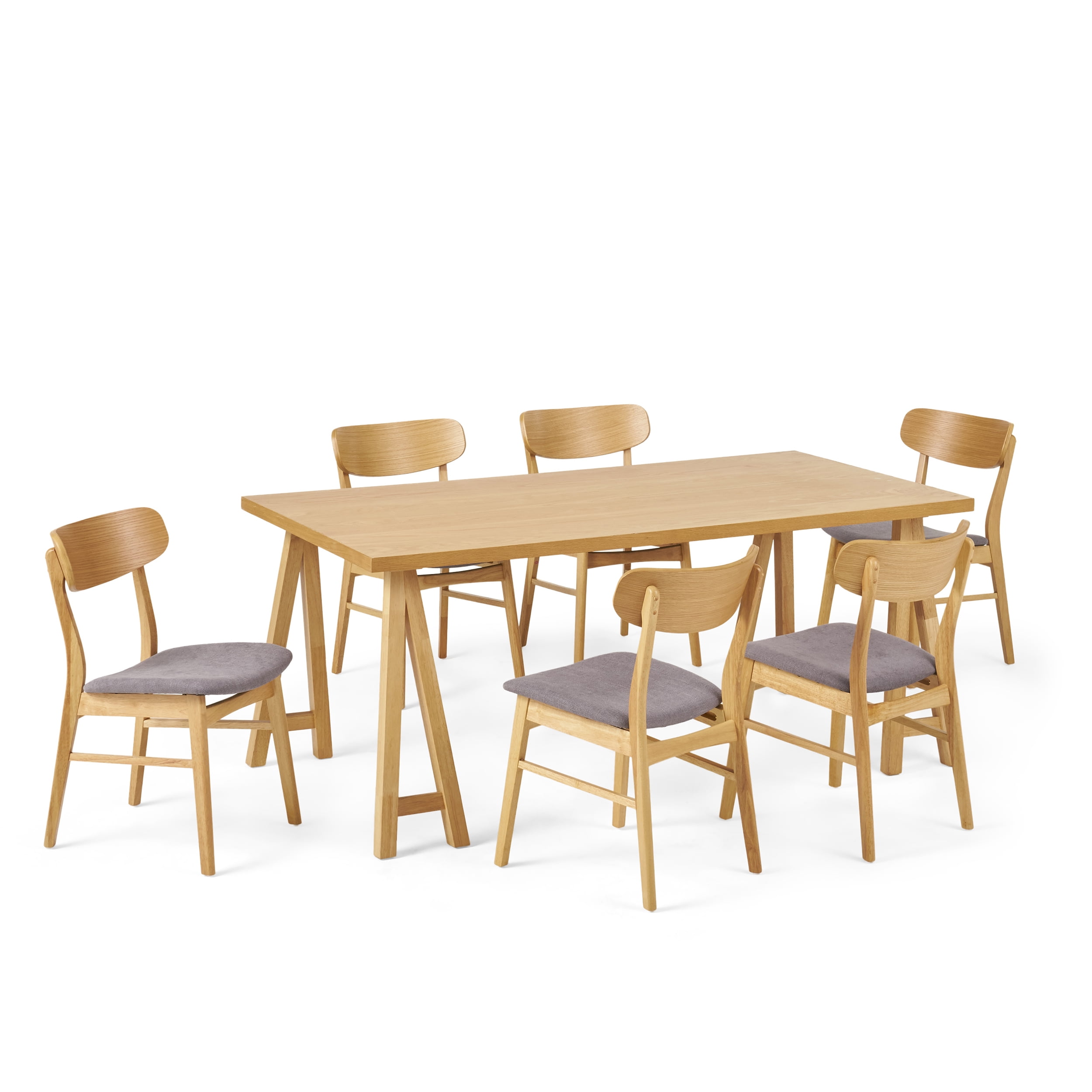Noble House Lucas Mid-Century Modern 7 Piece Dining Set, Dark Gray and Natural Oak