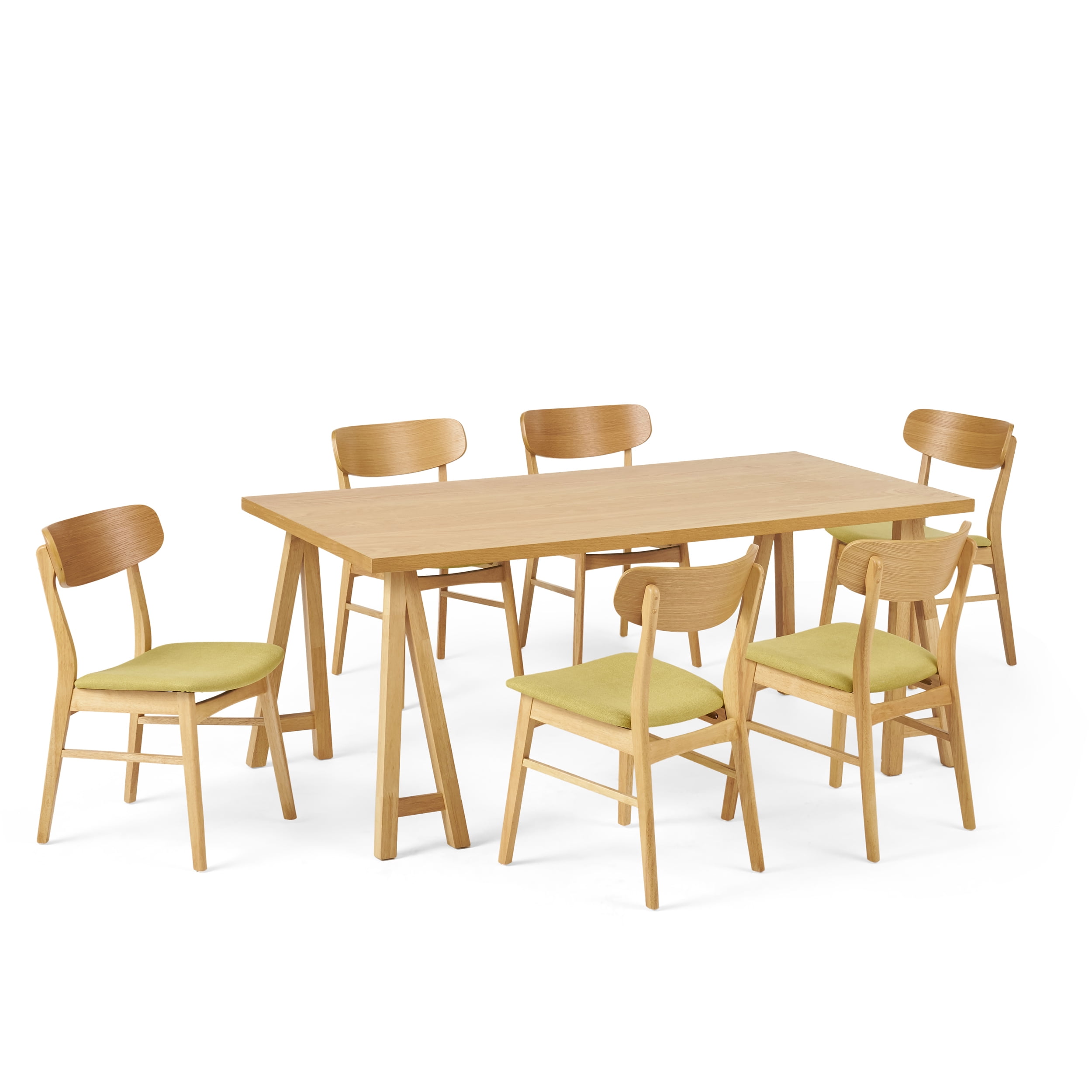 Noble House Lucas Mid-Century Modern 7 Piece Dining Set, Green Tea and Natural Oak