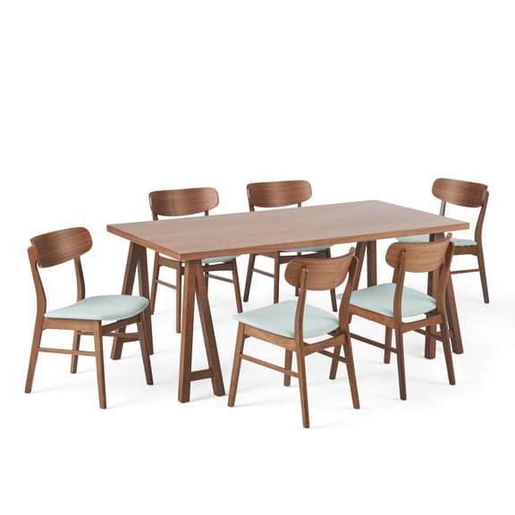 Noble House Lucas Mid-Century Modern 7 Piece Dining Set, Mint and Walnut