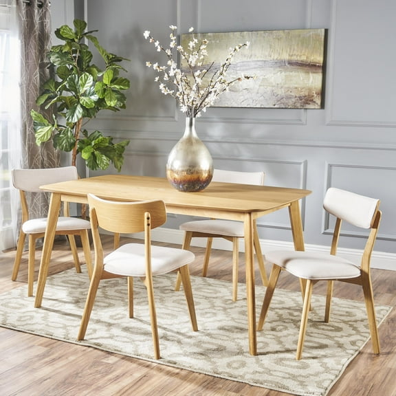 Noble House Lucca Mid Century Modern Wood 5-Piece Dining Set, Natural Oak, Beige