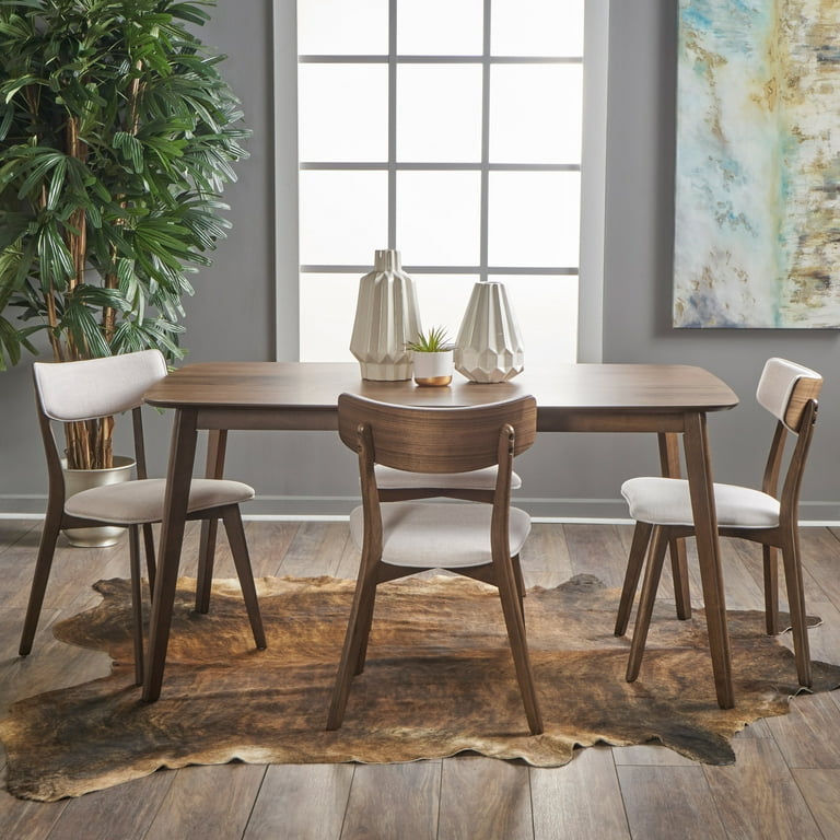 Noble House Lucca Mid Century Natural Walnut Wood Light Beige 5 Piece Dining Set Walmart