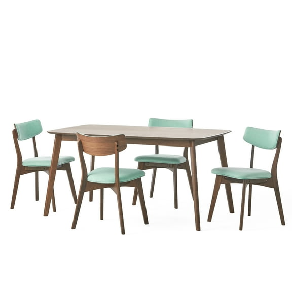Noble House Lucca Mid Century Natural Walnut Wood Mint 5 Piece Dining Set