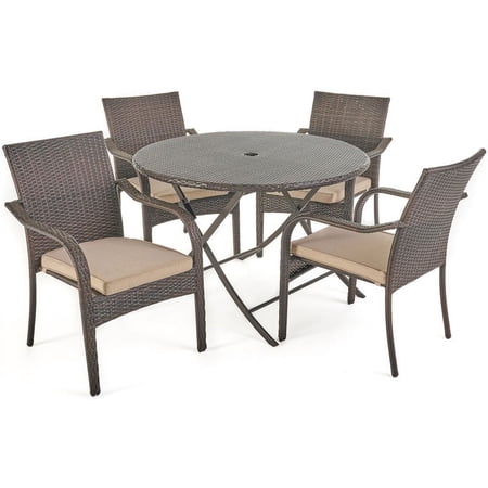 Noble House Lula 5 Piece Wicker Foldable Patio Dining Set in Brown