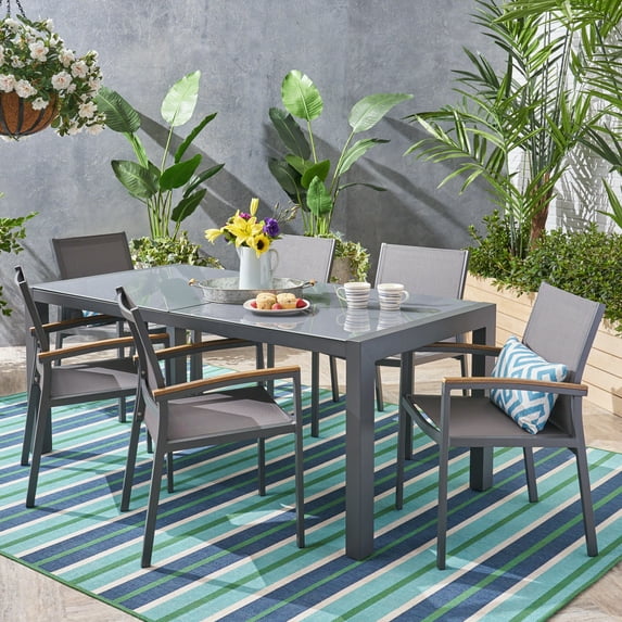 Noble House Luton Piece Glass Top Mesh Patio Dining Set in Gray