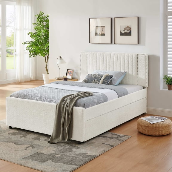 Noble House Luxen Full Chenille Upholstered Bed, Vertical Tufted Daybed with Pull-out Trundle and Storage Drawers, Beige