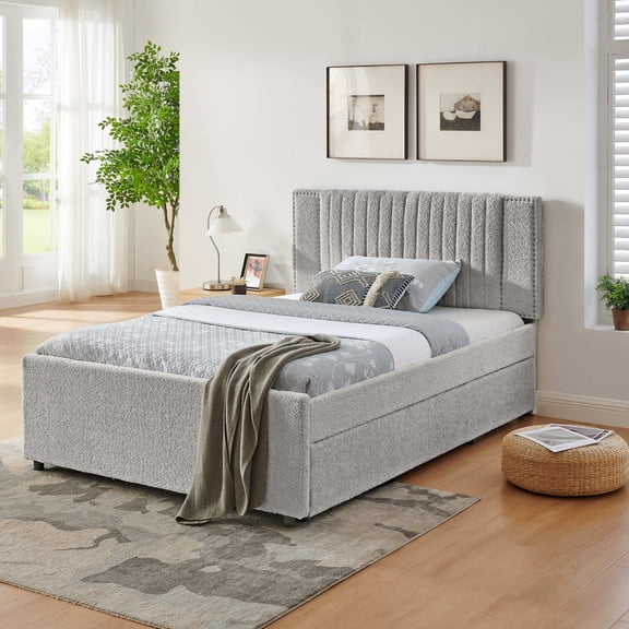 Noble House Luxen Full Chenille Upholstered Bed, Vertical Tufted Daybed with Pull-out Trundle and Storage Drawers, Gray