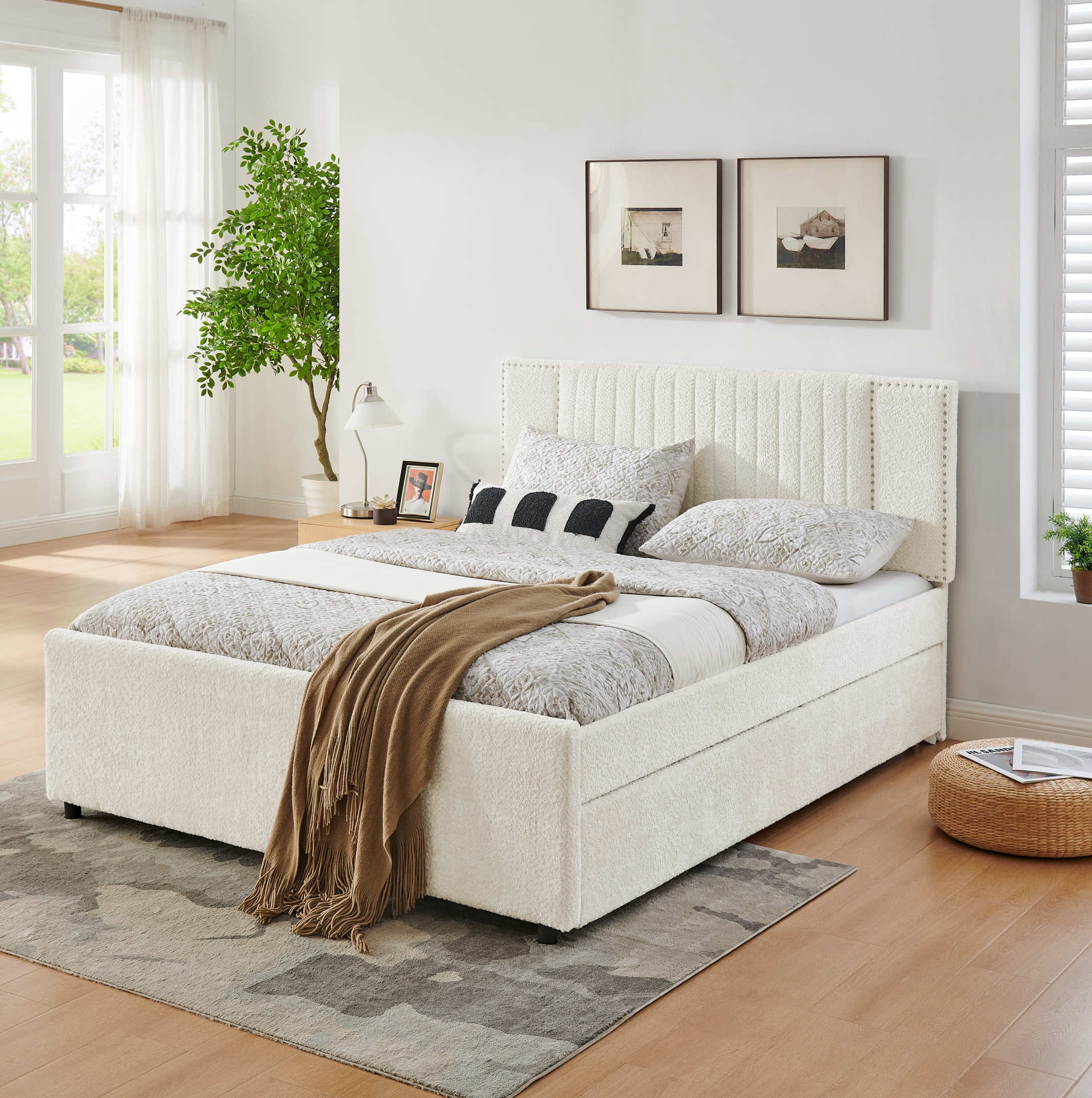 Noble House Luxen Queen Chenille Upholstered Bed, Vertical Tufted Daybed with Pull-out Trundle and Storage Drawers, Beige