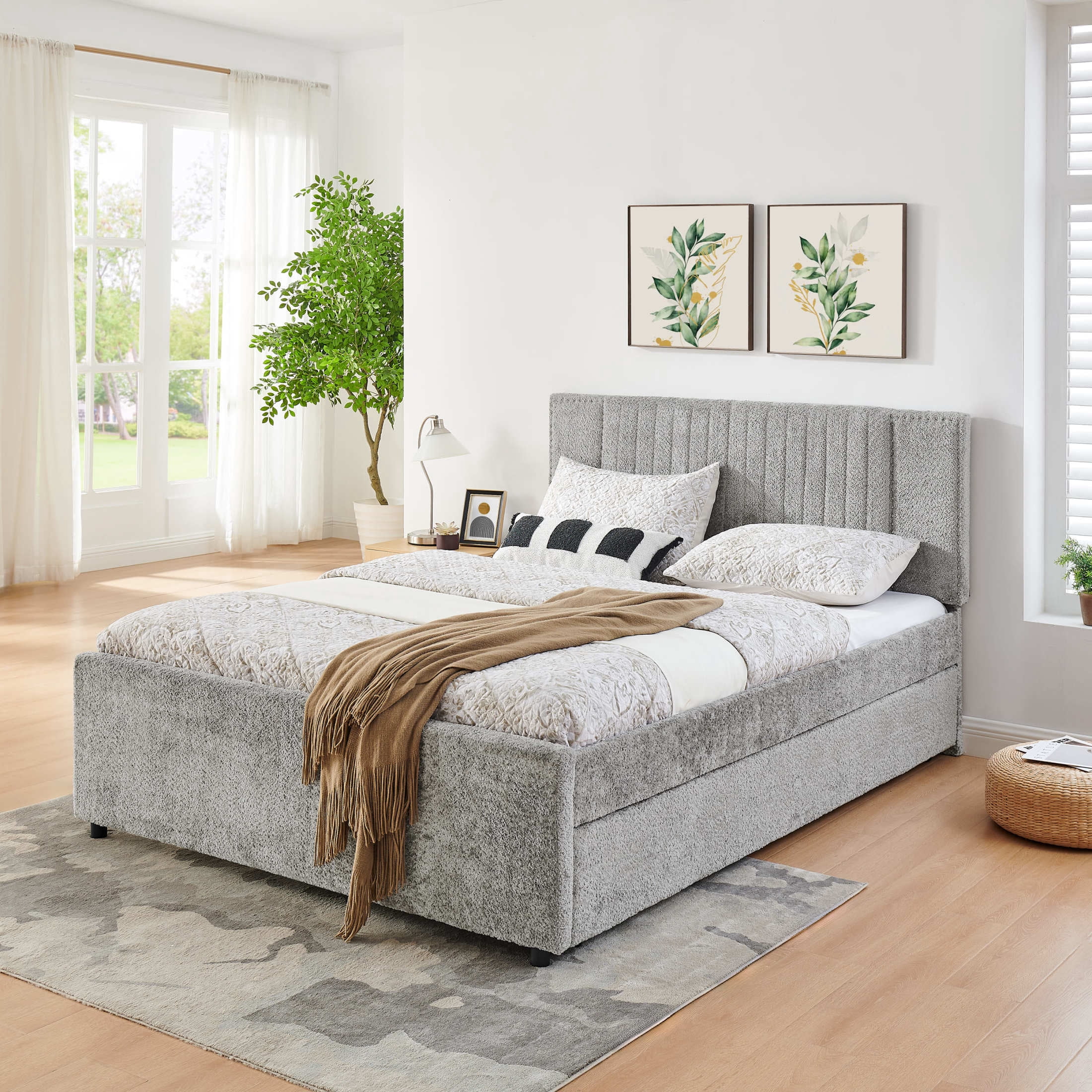 Noble House Luxen Queen Chenille Upholstered Bed, Vertical Tufted Daybed with Pull-out Trundle and Storage Drawers, Gray
