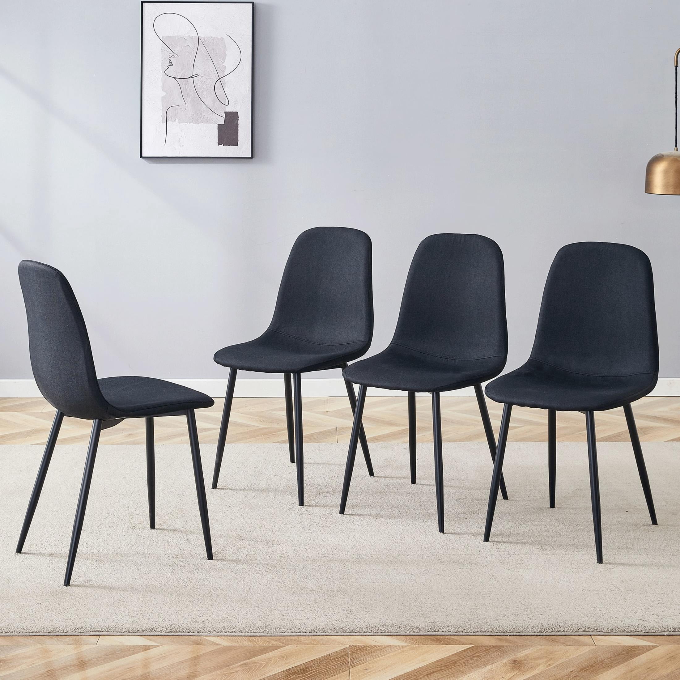 Noble House Luxury 34.5" Dining Chairs, Linen-Cotton Upholstery, Black Metal Legs, High Resilience, Black, Set of 4