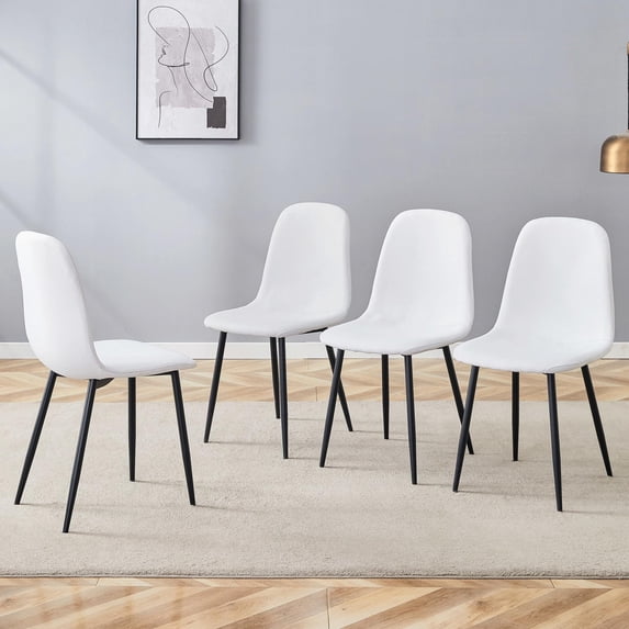 Noble House Luxury 34.5" Dining Chairs, Linen-Cotton Upholstery, Black Metal Legs, High Resilience, White, Set of 4