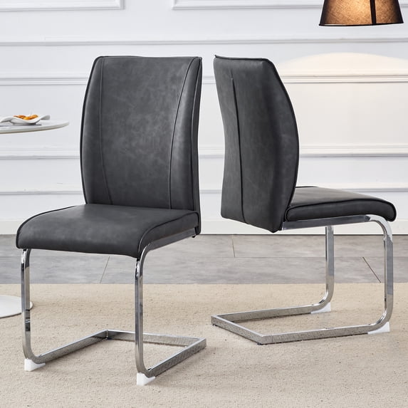 Noble House Luxury Arch Dining Chairs, PU Leather Upholstered Side Chairs, Silver Arched Legs, Dark Gray, Set of 2