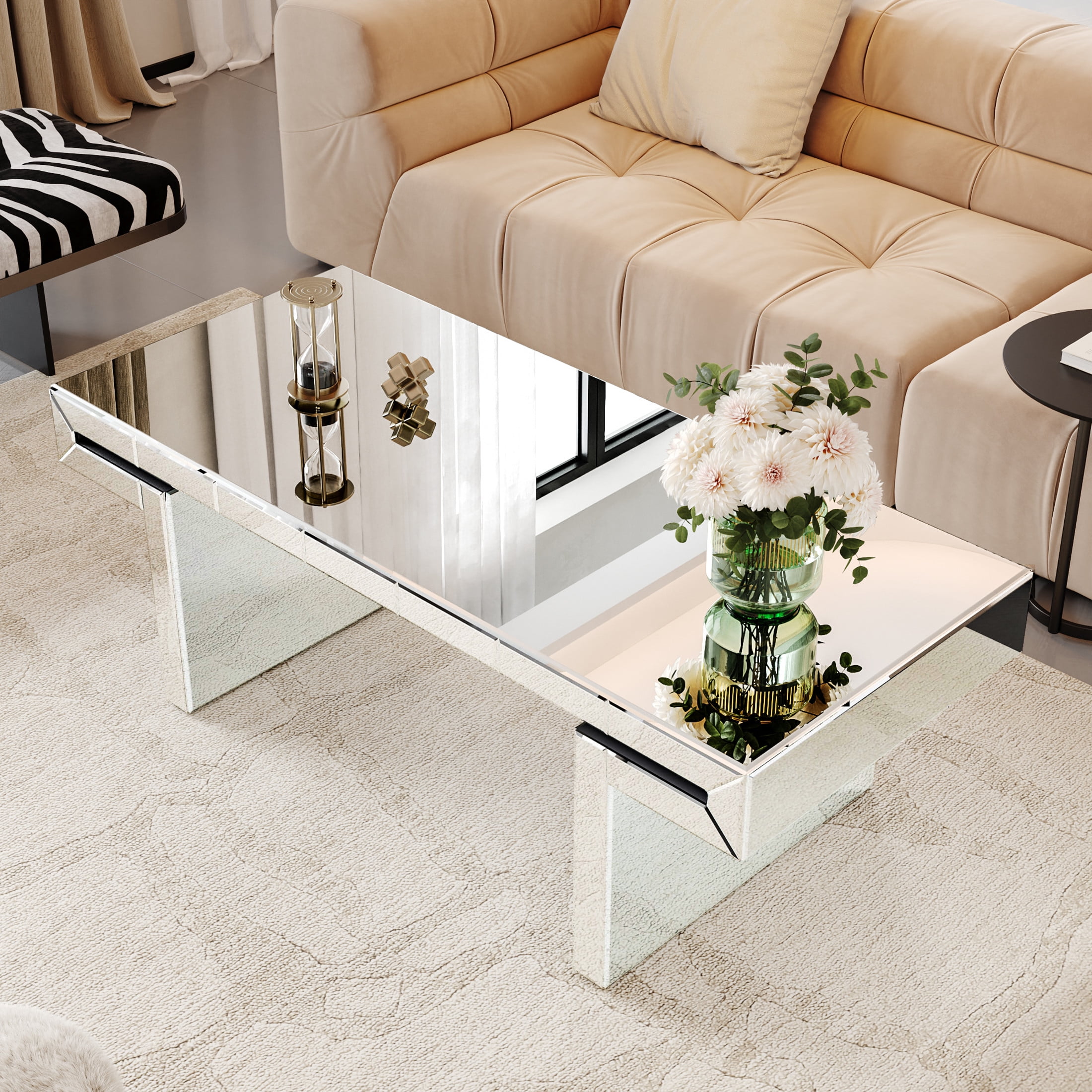 Noble House Luxury Rectangular Mirror Coffee Table with Fluted Tempered Glass, Modern Sofa Side Table, Light Luxury Style, Reinforced Packaging, Silver