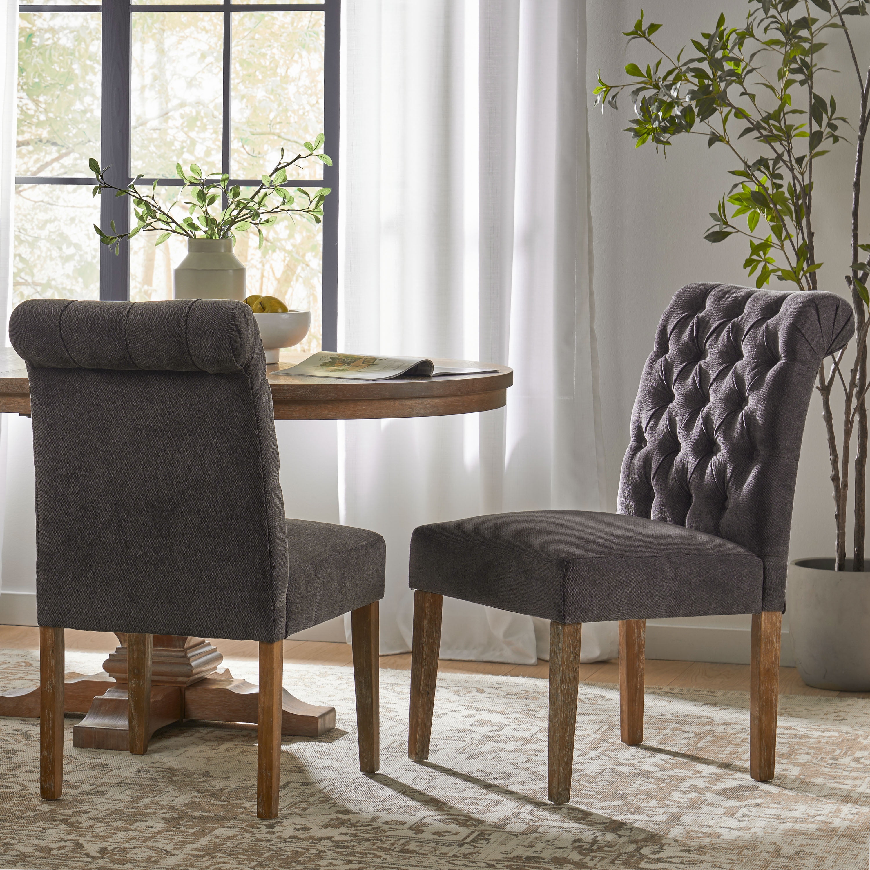 Noble House Luzan Farmhouse Fabric Dining Chairs, Set of 2, Dark Grey