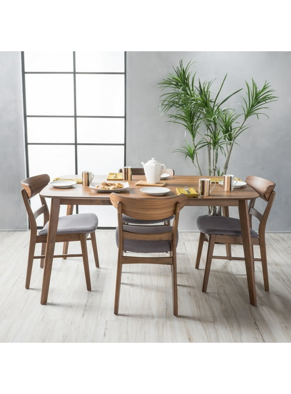 Noble House Lydia Mid-Century Modern 5 Piece Dining Set, Dark Gray and Natural Walnut