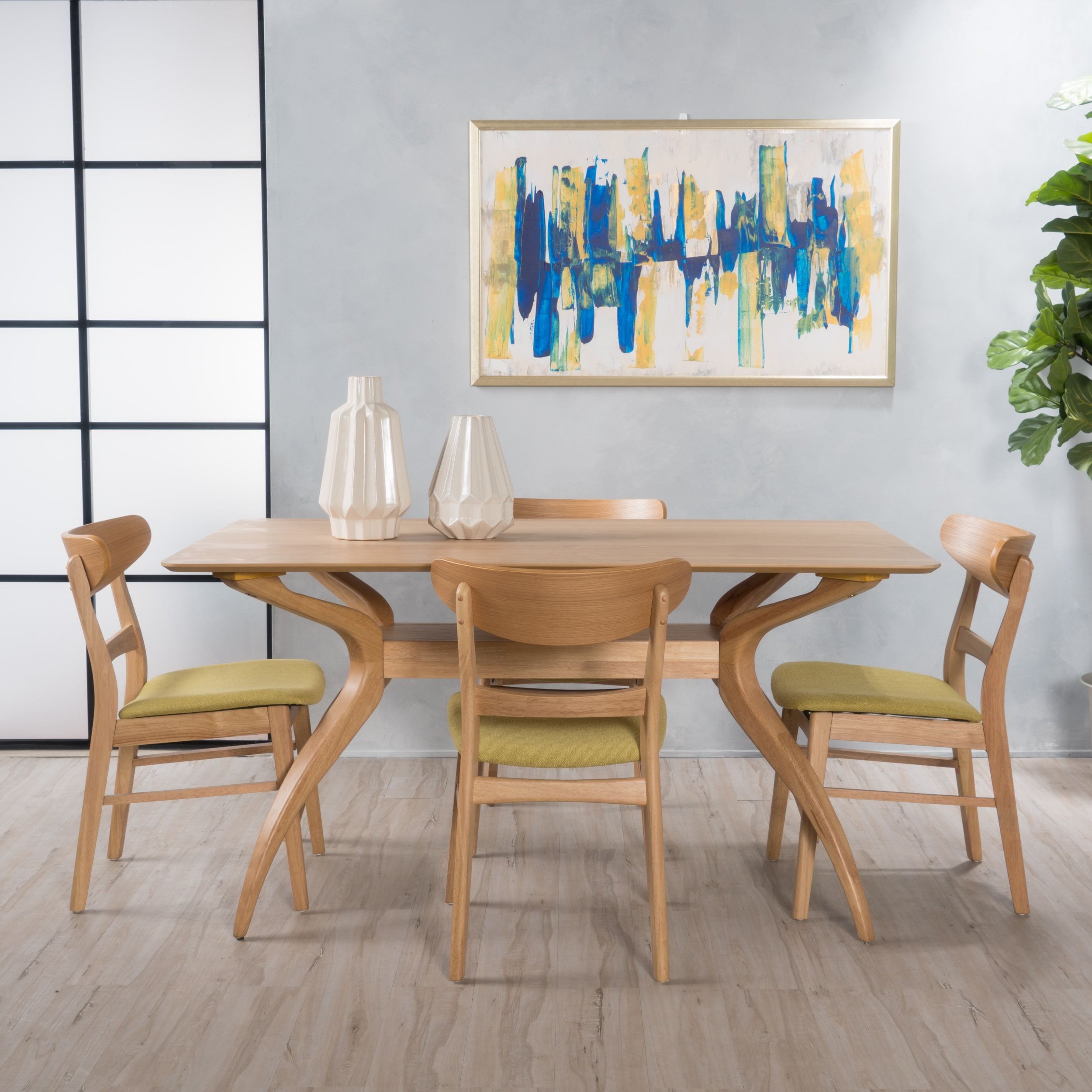 Noble House Lydia Mid-Century Modern 5 Piece Dining Set, Green Tea and Natural Oak Sansujyuku sansujyuku.com