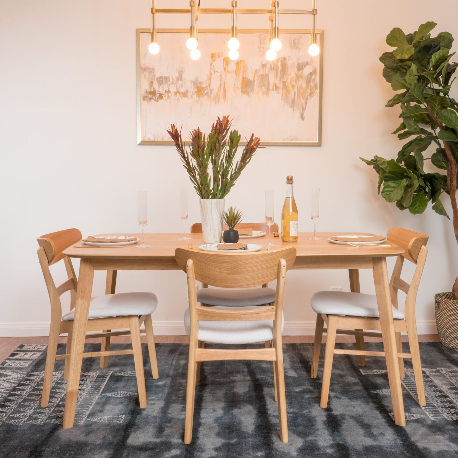 Noble House Lydia Mid-Century Modern 5 Piece Dining Set, Light Beige and Natural Oak