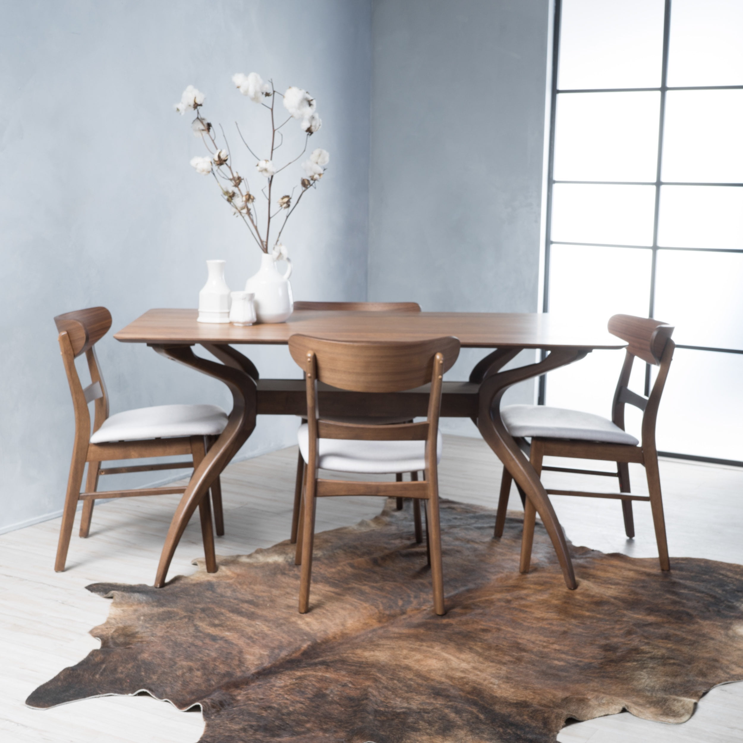 Noble House Lydia Mid-Century Modern 5 Piece Dining Set, Light Beige and Natural Walnut