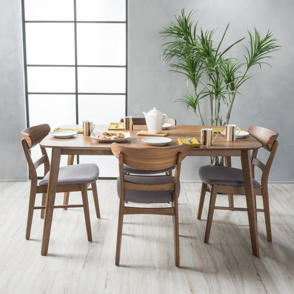 Noble House Lydia Mid-Century Modern 5 Piece Dining Set with 60-Inch Rectangular Table, Dark Gray and Natural Walnut