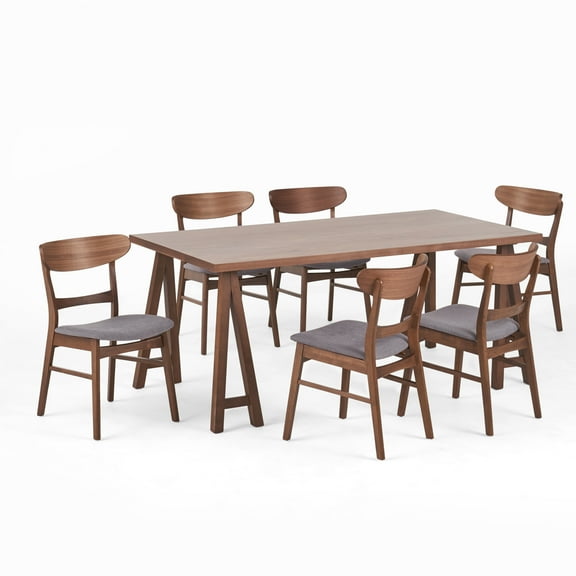 Noble House Lydia Mid-Century Modern 7 Piece Dining Set, Dark Gray and Walnut