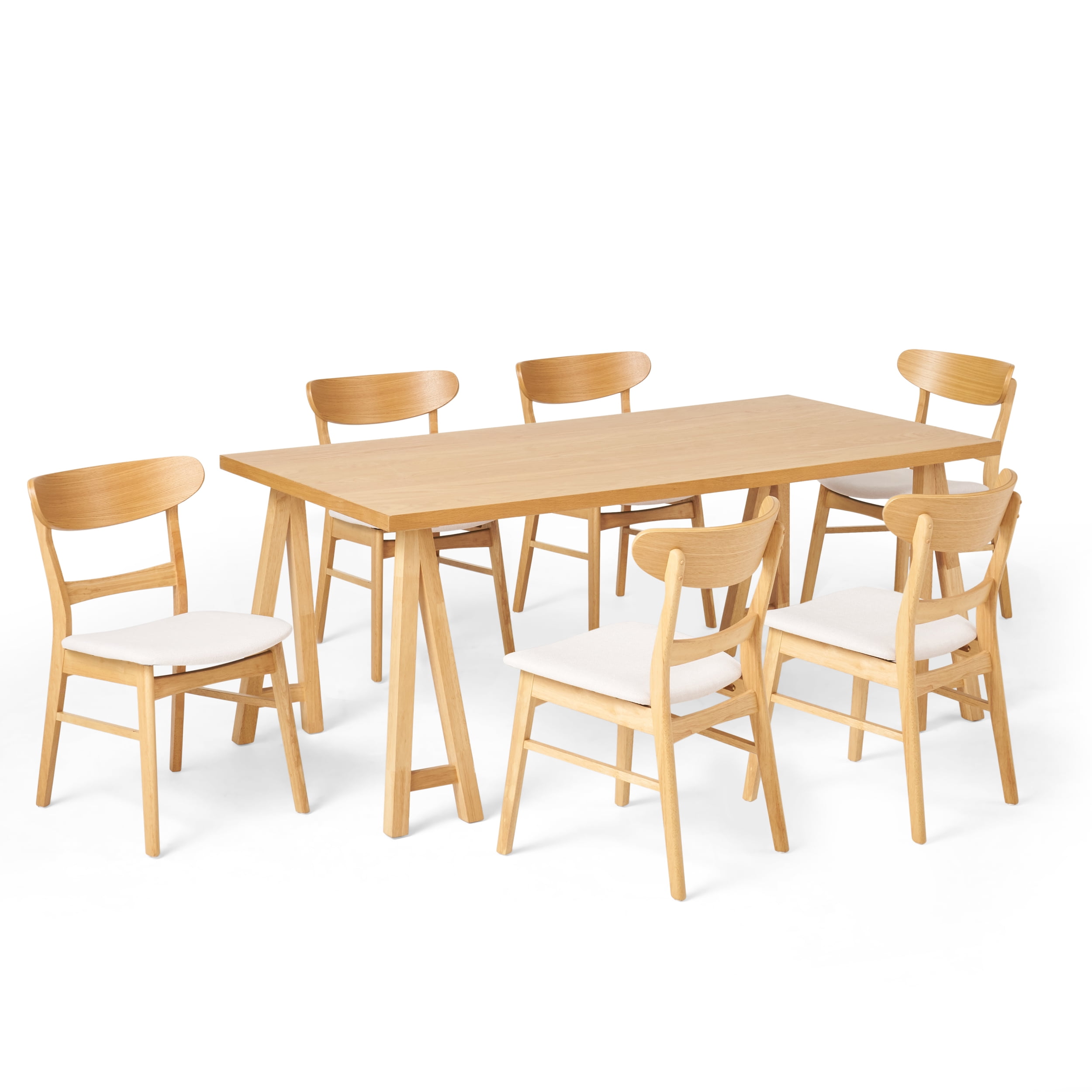 Noble House Lydia Mid-Century Modern 7 Piece Dining Set, Light Beige and Natural Oak