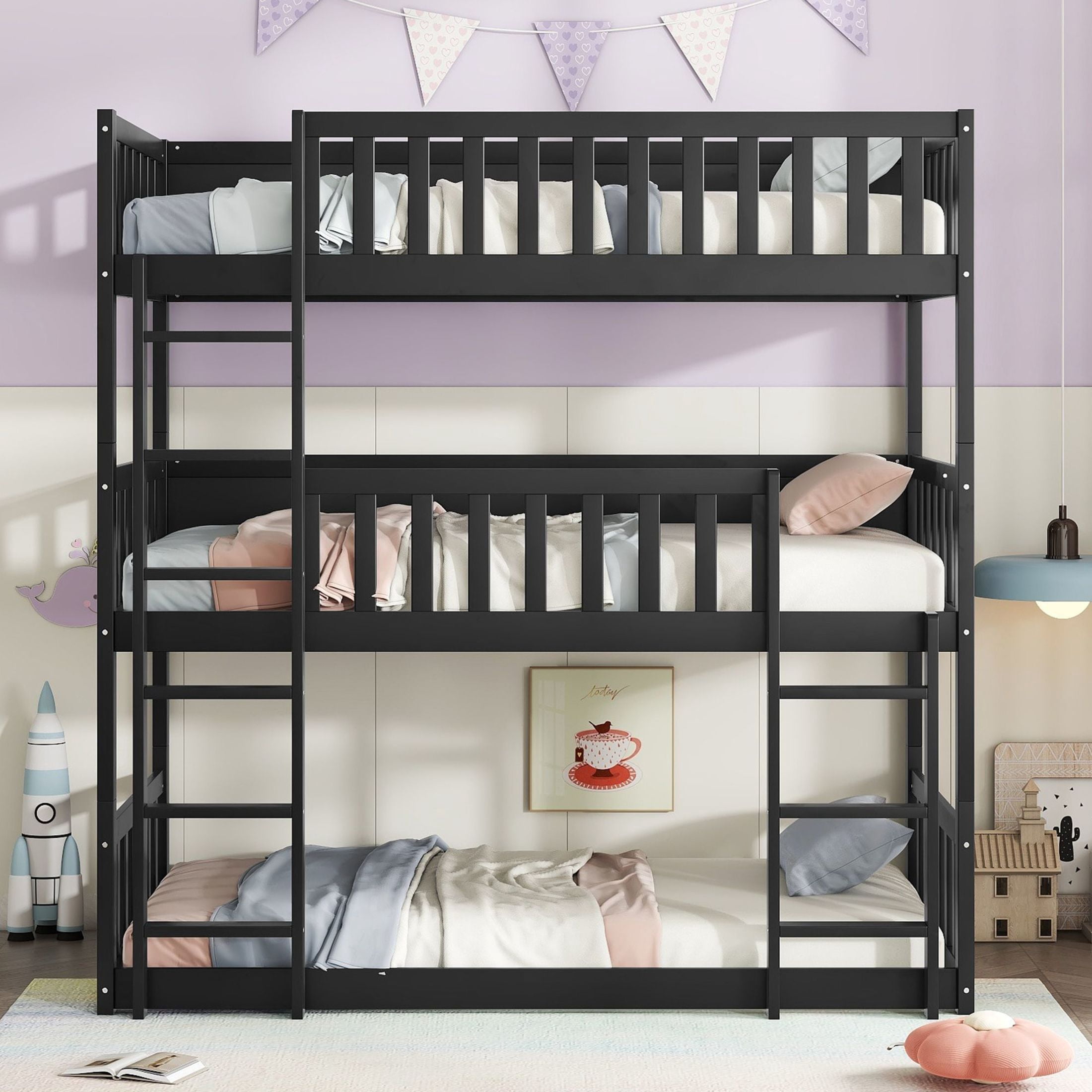 Noble House Lydia Triple Rubber Wood Bunk Bed, Convertible Twin over Twin over Twin with Guardrails and Ladders, Black