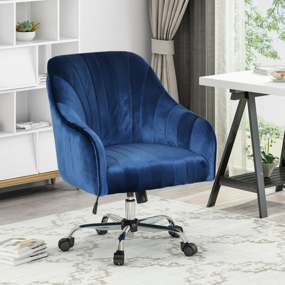 Noble House Lylah Glam Velvet Home Office Chair with Swivel Base, Navy Blue and Silver Finish
