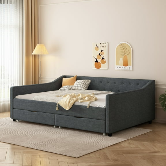 Noble House Mabel Full Size Daybed with Drawers, Tufted Linen Sofa Bed, Waved Shape Arms, Storage Space, Dark Grey