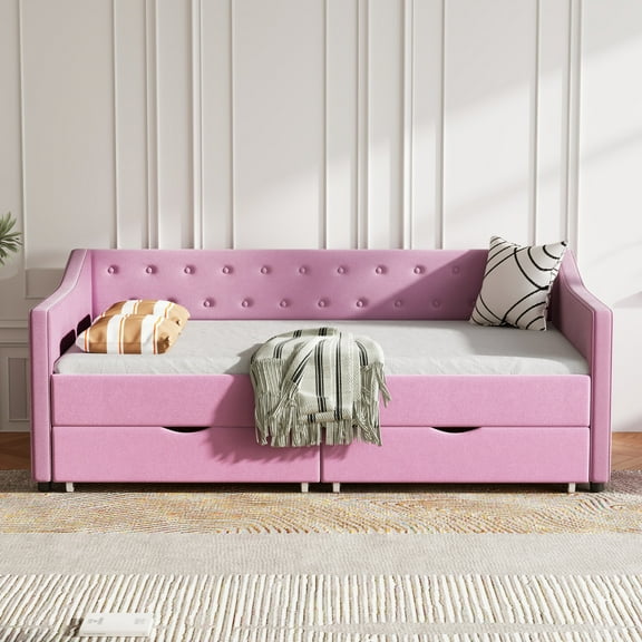 Noble House Mabel Twin Size Daybed with Drawers, Tufted Linen Sofa Bed, Waved Shape Arms, Storage Space, Pink