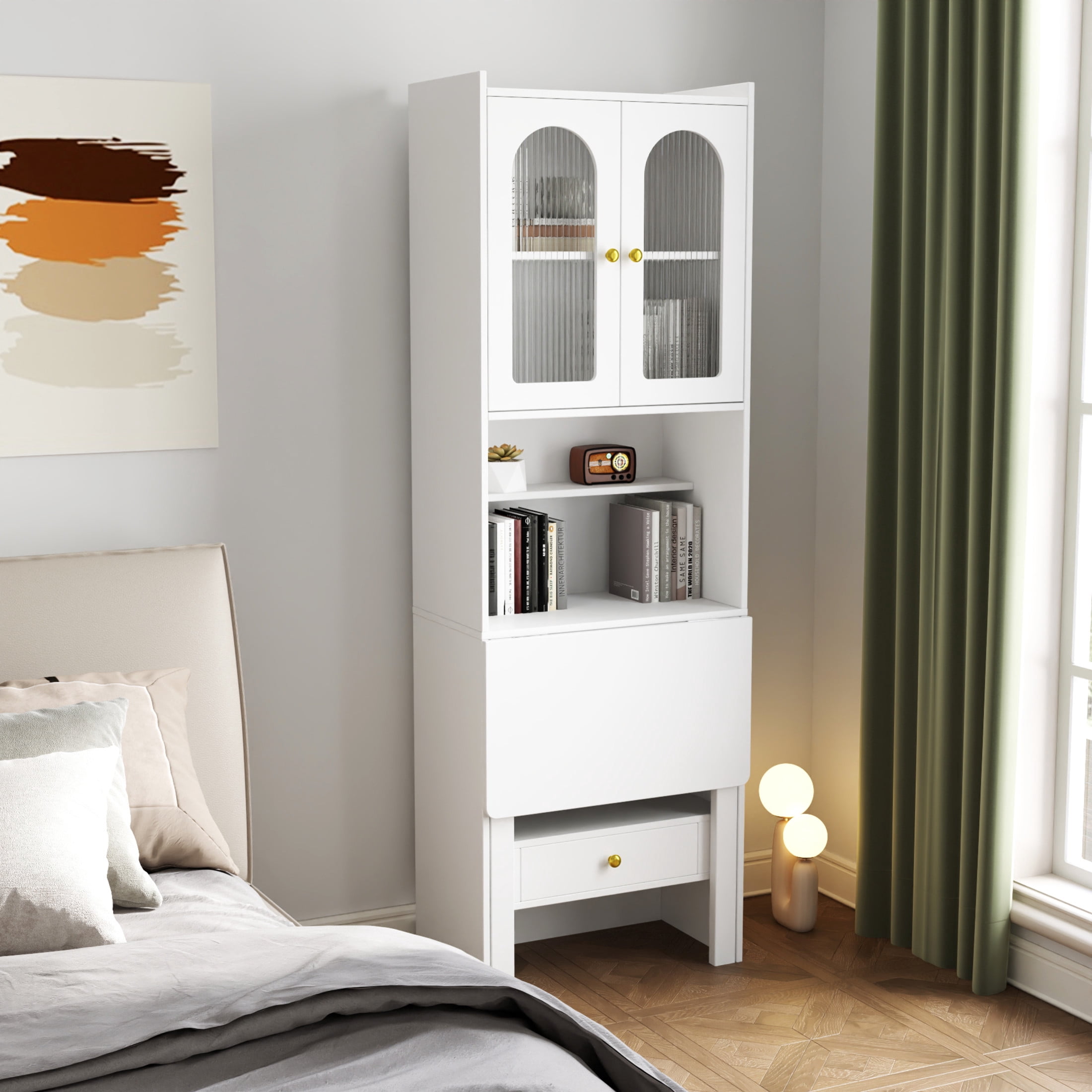 Noble House Maddox 23.6" Fold-Out Convertible Desk Cabinet, Space-Saving Writing Table with Shelf and Drawer, White