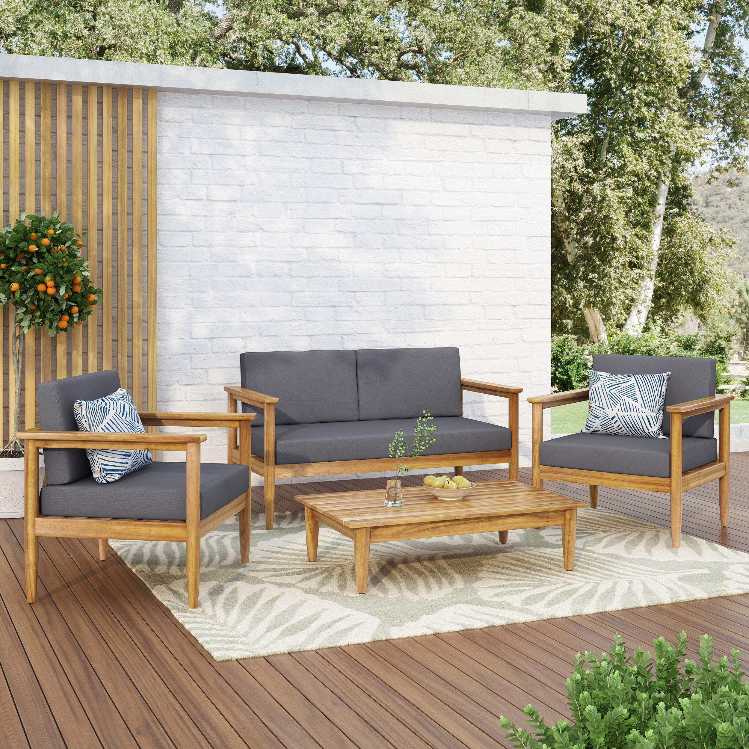 Noble House Magnolia Outdoor Acacia Wood 4 Seater Chat Set Teak and Dark Gray