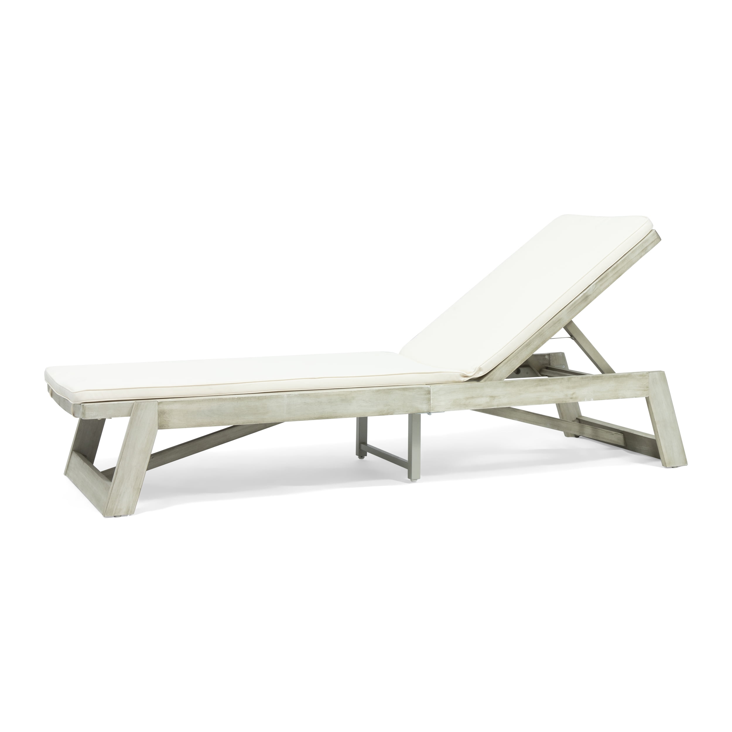 Cullen Outdoor Acacia Wood Chaise Lounge and Cushion Set, Light Gray and Cream