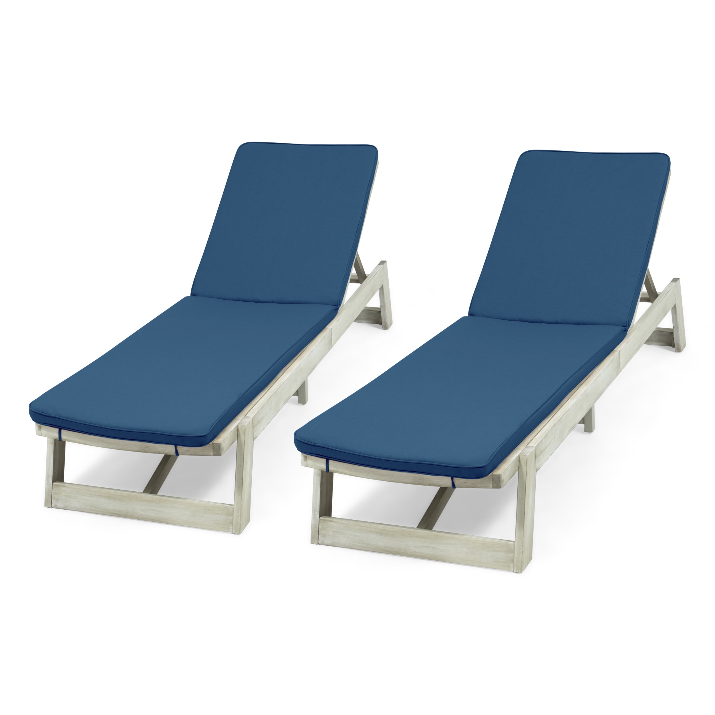 Cullen Outdoor Acacia Wood Chaise Lounge and Cushion Sets, Set of 2, Light Gray and Blue