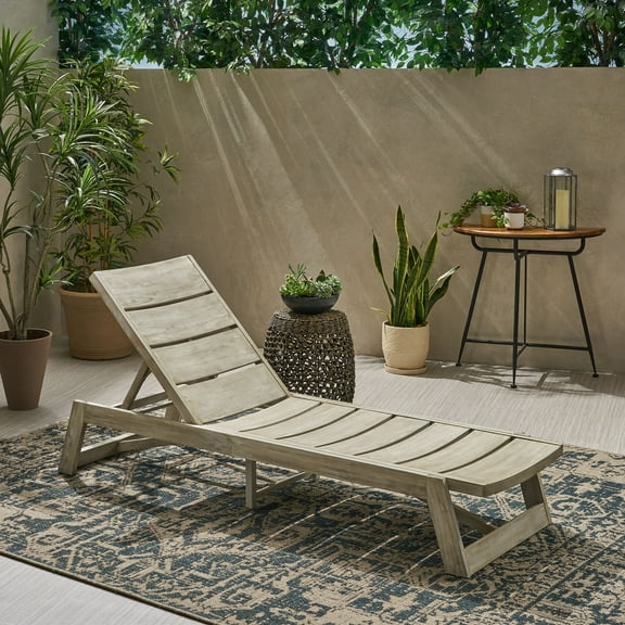 Noble House Maki Outdoor Wood and Iron Chaise Lounge in Light Gray