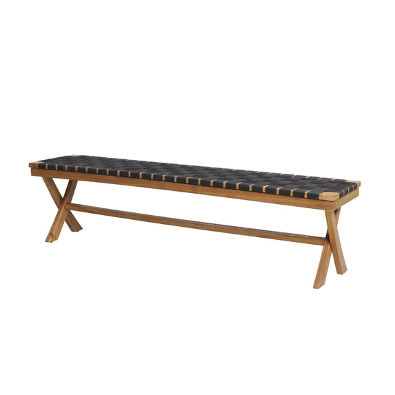 Noble House Mallett Outdoor Acacia Wood Bench with Rope Seating Black and Teak