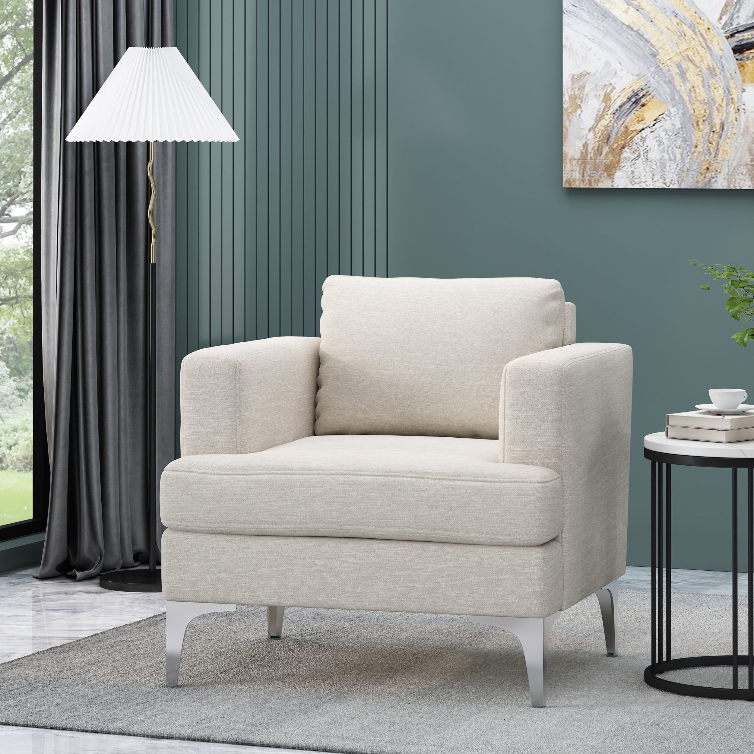 Beige and Silver Modern Club Chair with Wood Frame