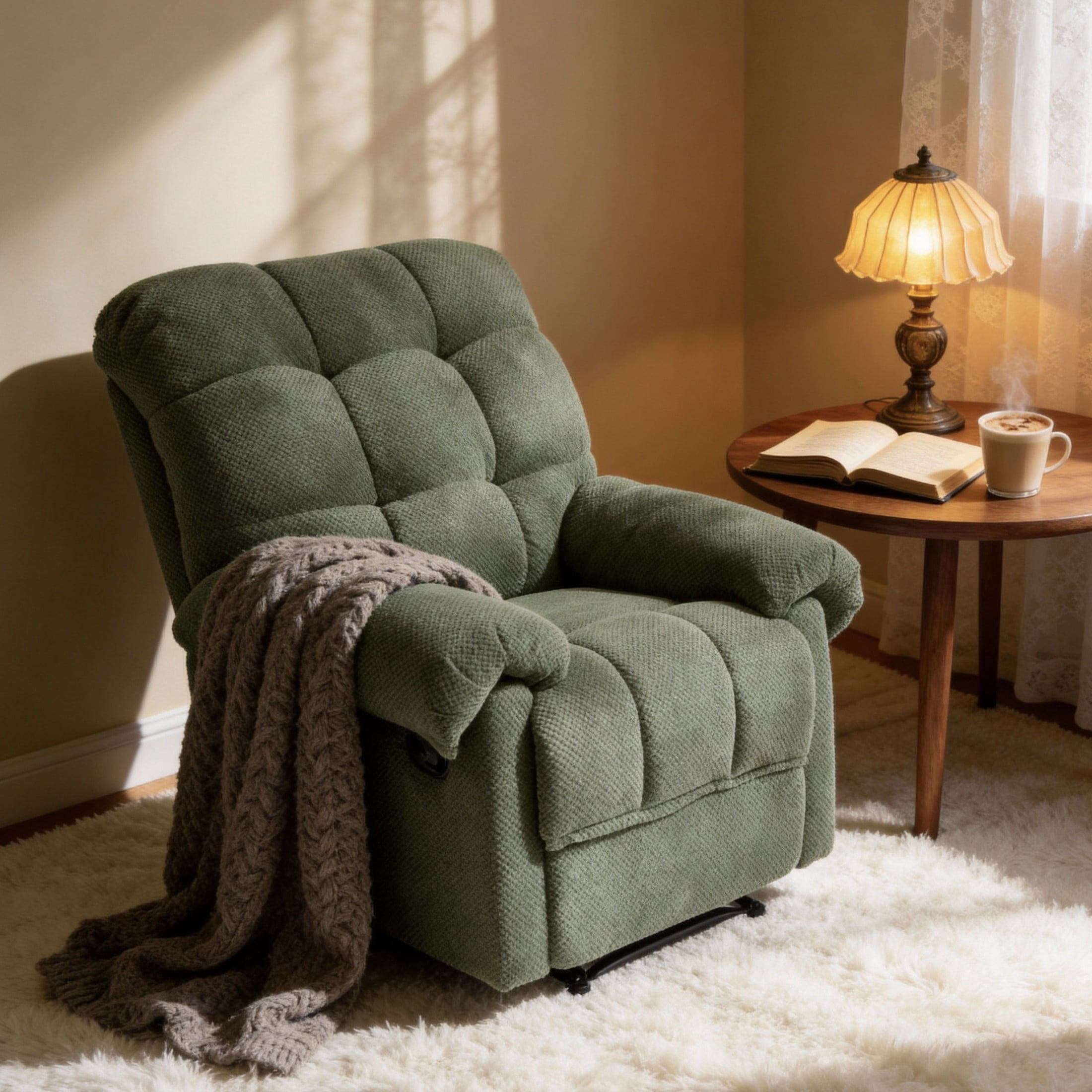 Noble House Manual Recliner Chair, Overstuffed Fabric Armchair with Padded Footrest, Army Green