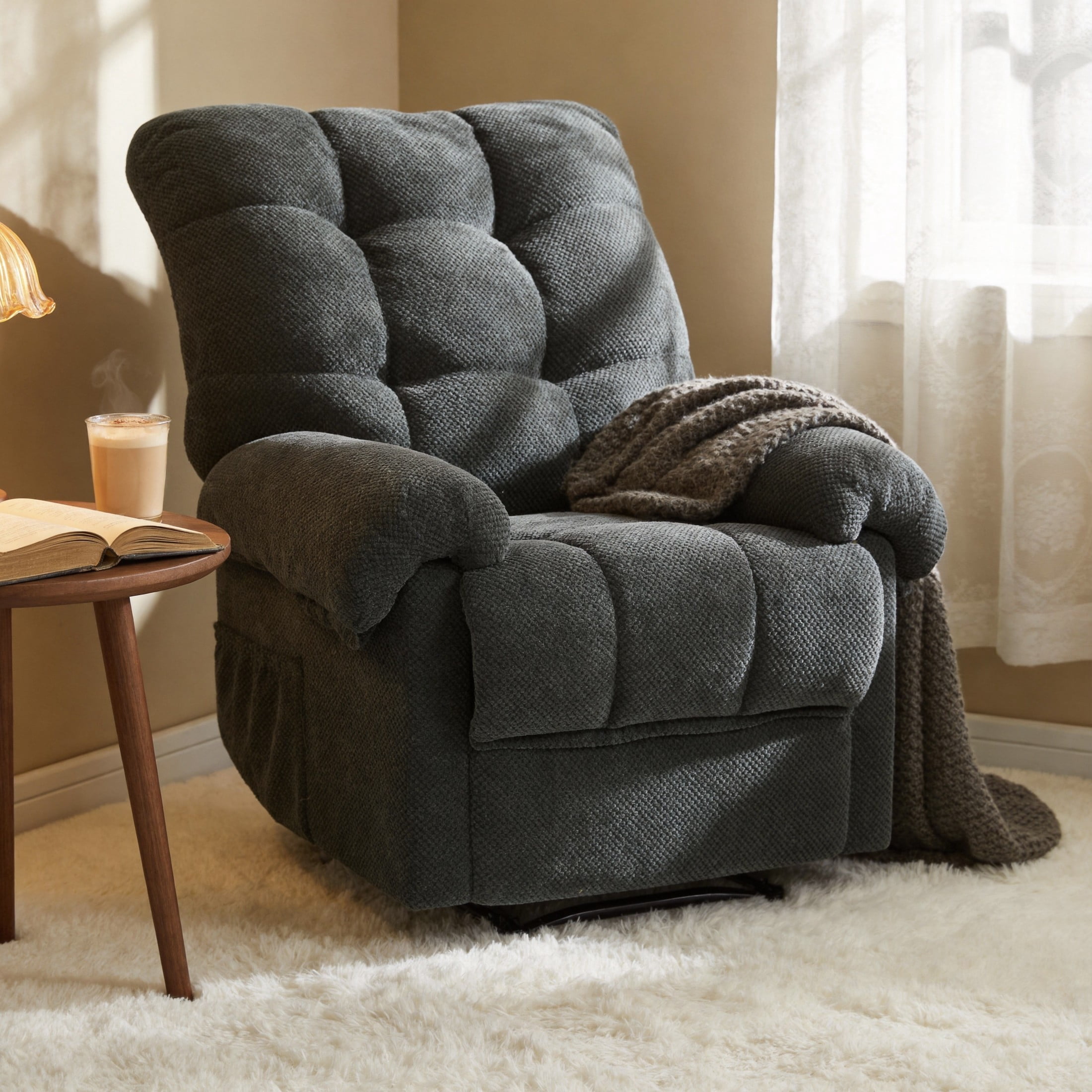 Noble House Manual Recliner Chair, Overstuffed Fabric Armchair with Padded Footrest, Dark Gray