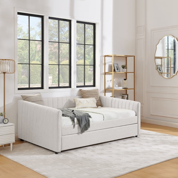 Noble House Marcel Full-Size Daybed, Vertical Striped Breathable Linen Upholstered Sofa Bed with Hidden Trundle, Beige