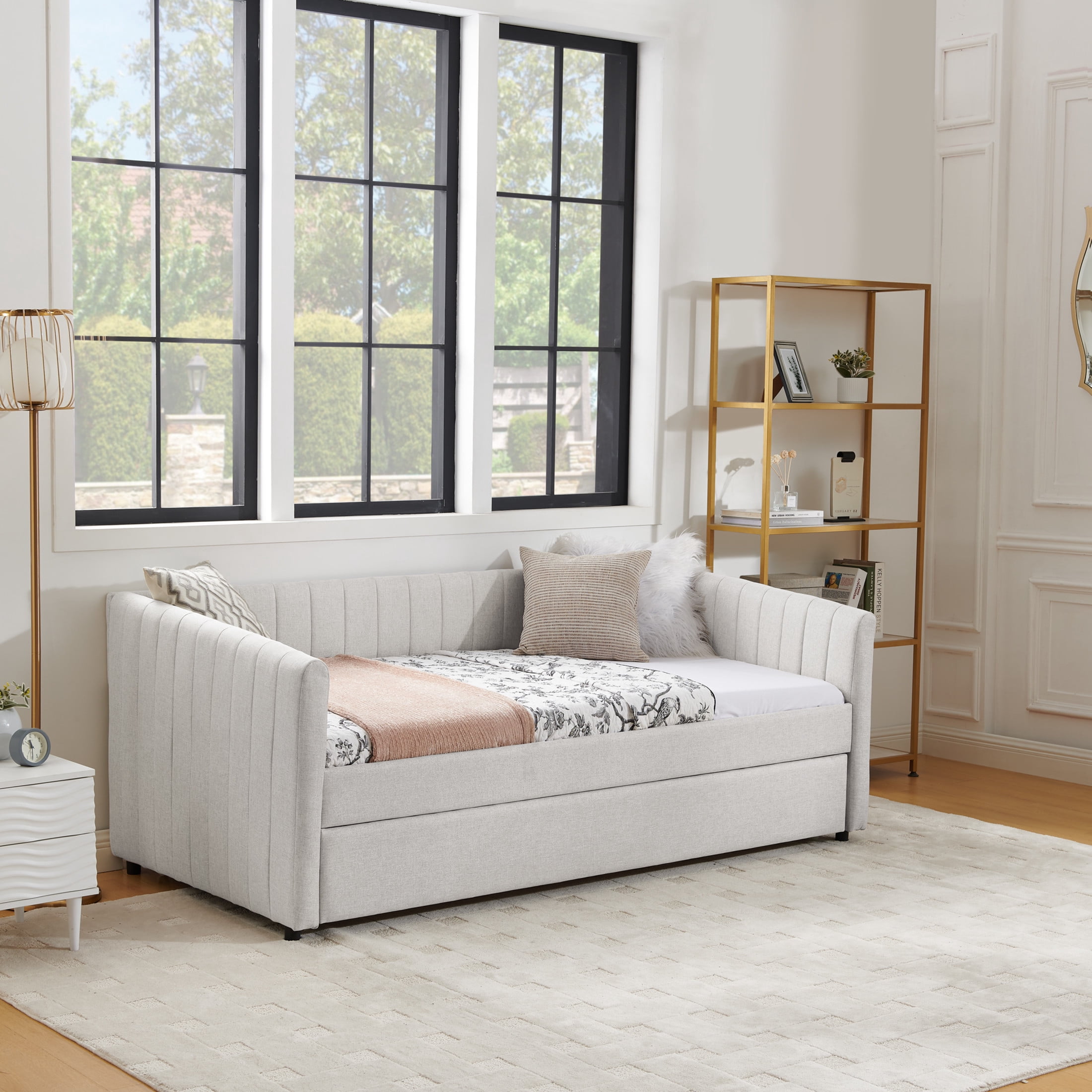 Noble House Marcel Twin-Size Daybed, Vertical Striped Breathable Linen Upholstered Sofa Bed with Hidden Trundle, Beige