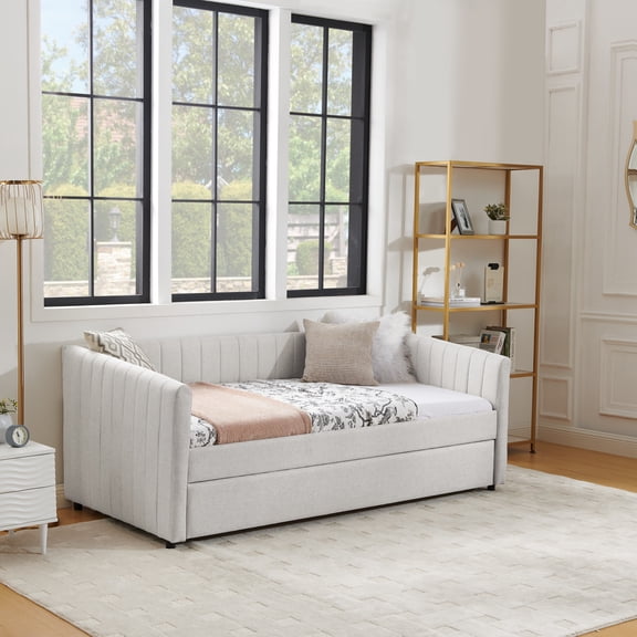 Noble House Marcel Twin-Size Daybed, Vertical Striped Breathable Linen Upholstered Sofa Bed with Hidden Trundle, Beige
