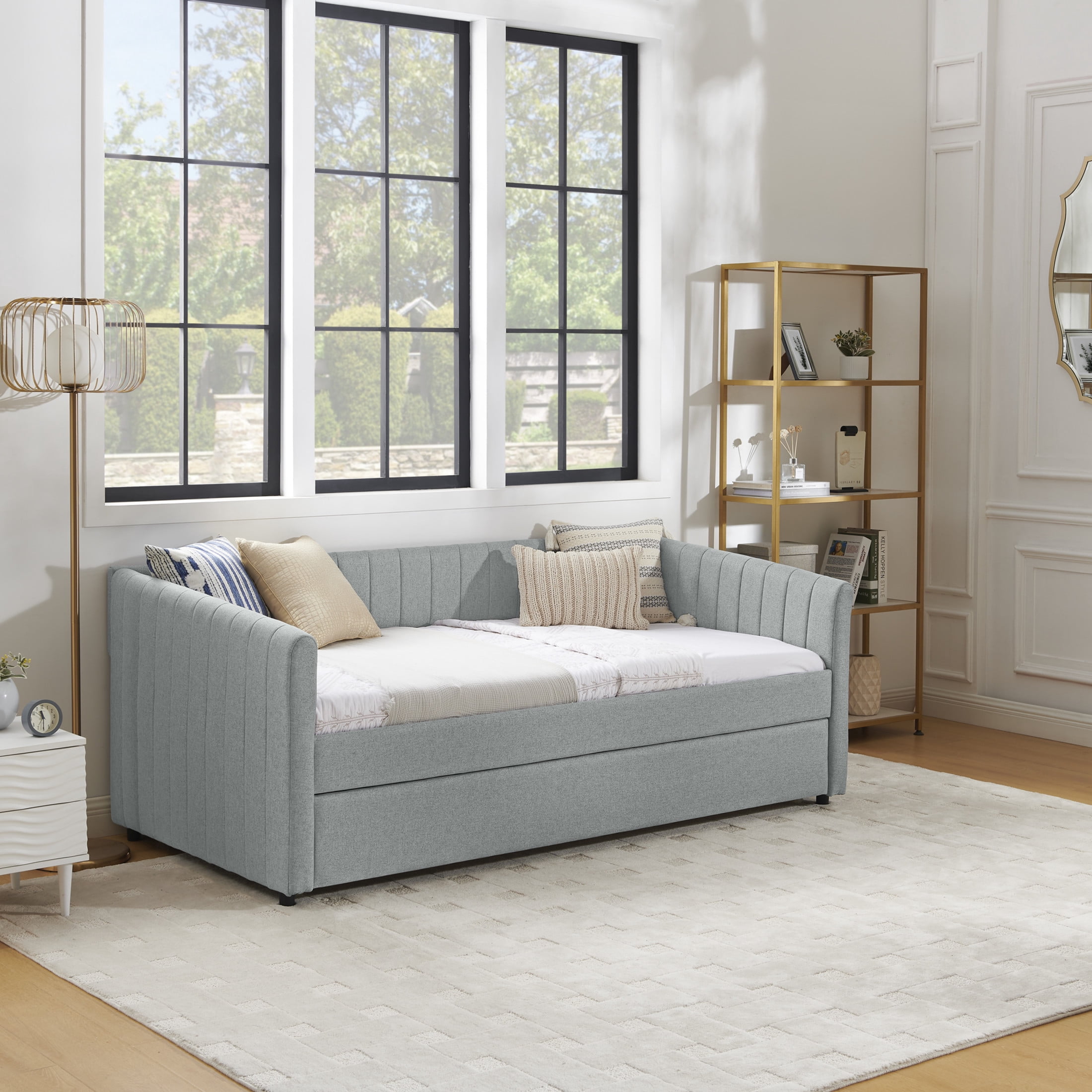 Noble House Marcel Twin-Size Daybed, Vertical Striped Breathable Linen Upholstered Sofa Bed with Hidden Trundle, Grey