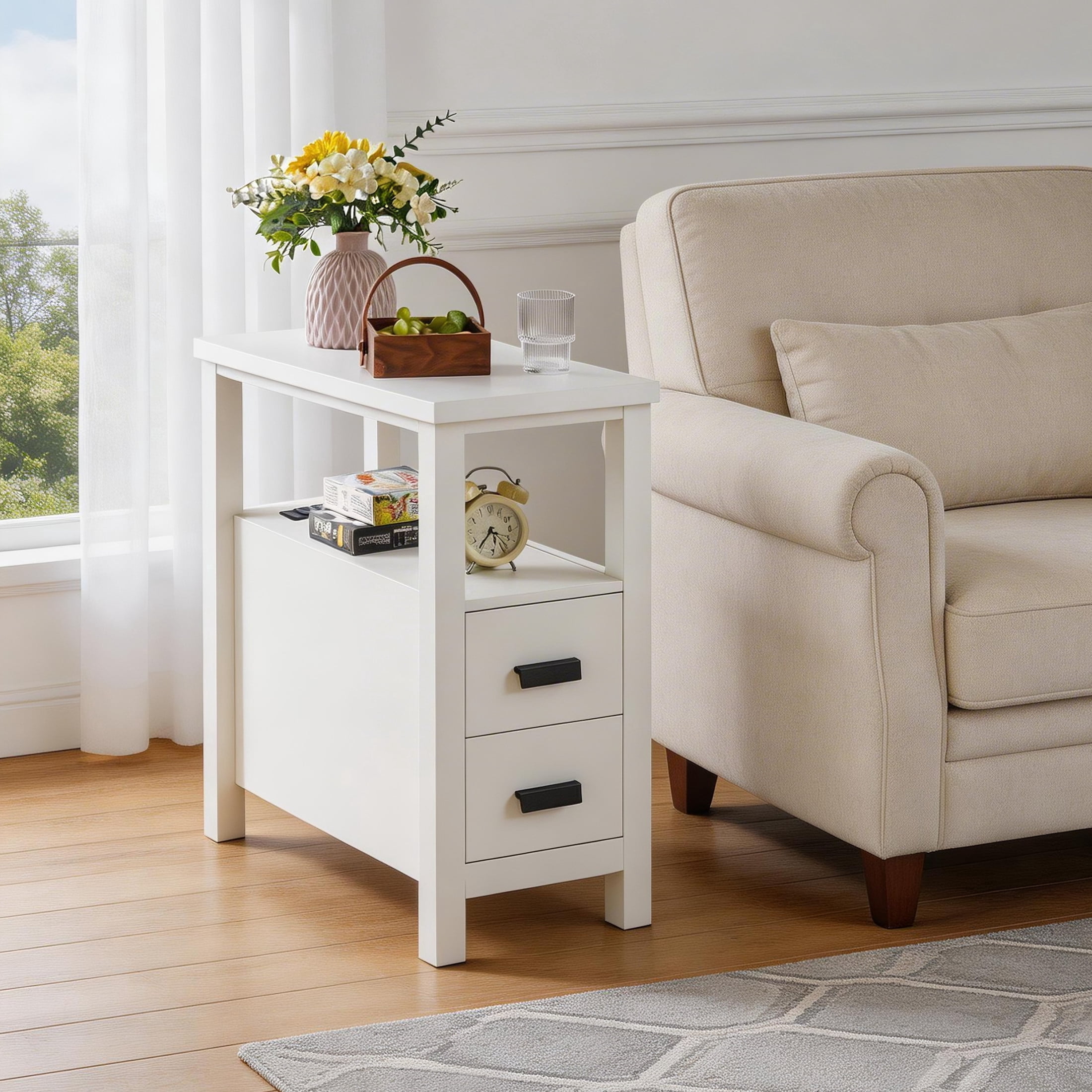 Noble House Marcus Modern End Table with Built-In Charging Station & 2 Drawers, Small Wood Bedside Table, White