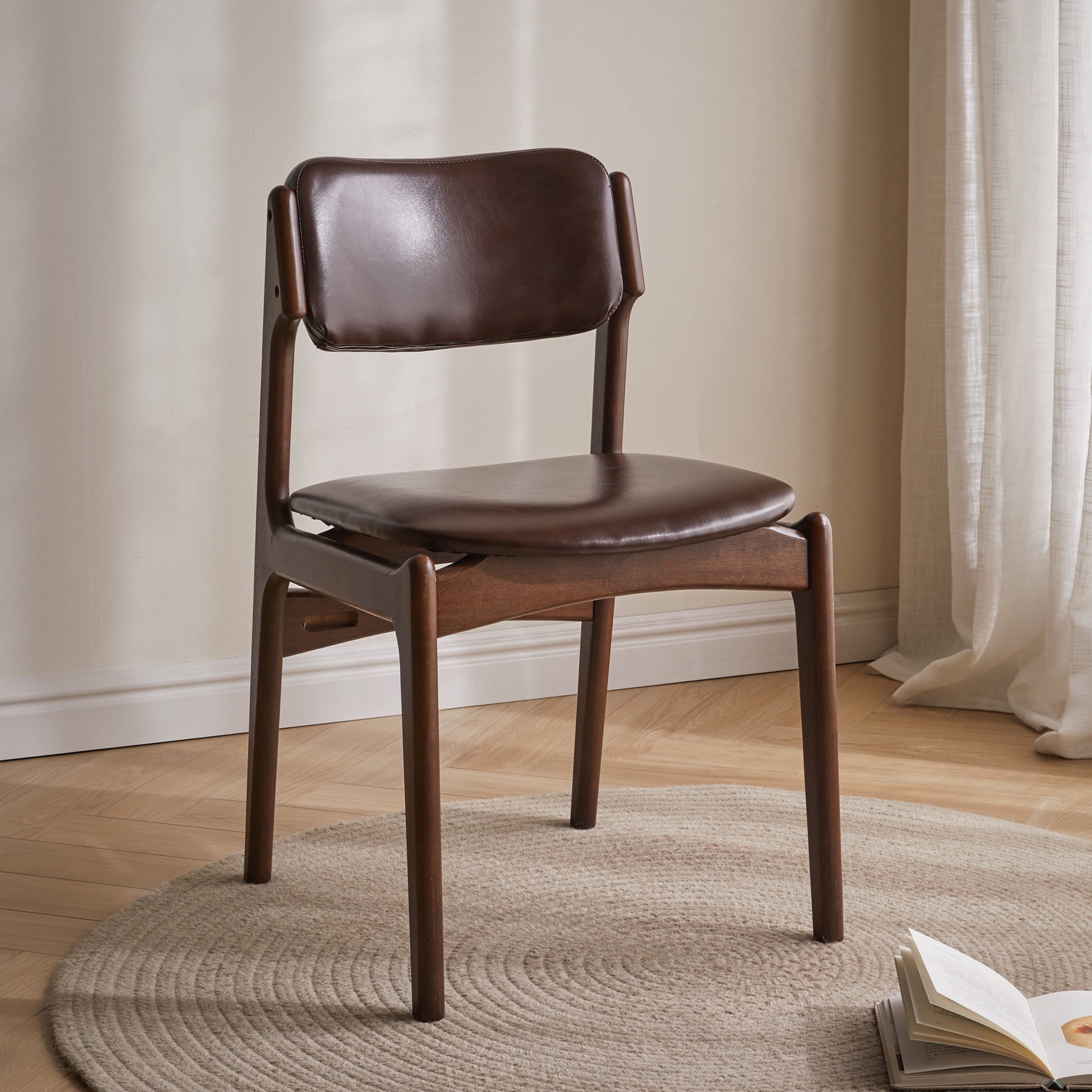 Noble House Marcus Modern Solid Wood Dining Chair with PU Leather Upholstery, Ergonomic Backrest Side Chairs, Coffee