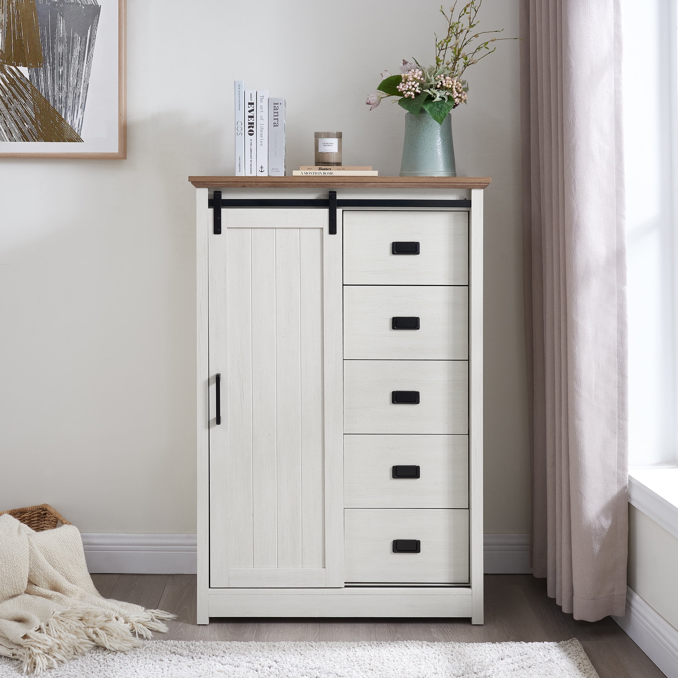 Noble House Marford 5-Drawer Dresser with Sliding Barn Door, Farmhouse Tall Chest with Adjustable Shelves, White