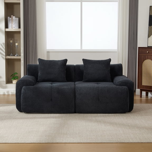 Noble House Marford 73" Modular Cloud Loveseat, Fuzzy Fabric Floor Sectional Sofa with Pillows, All-Foam, Charcoal